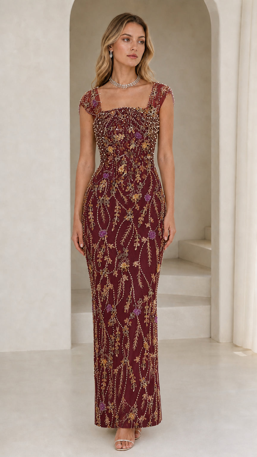 Front view of model wearing burgundy beaded evening gown