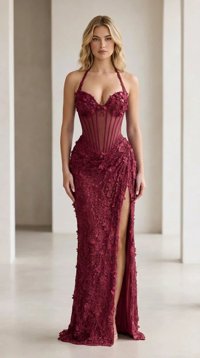 Burgundy halter neck floral corset evening dress