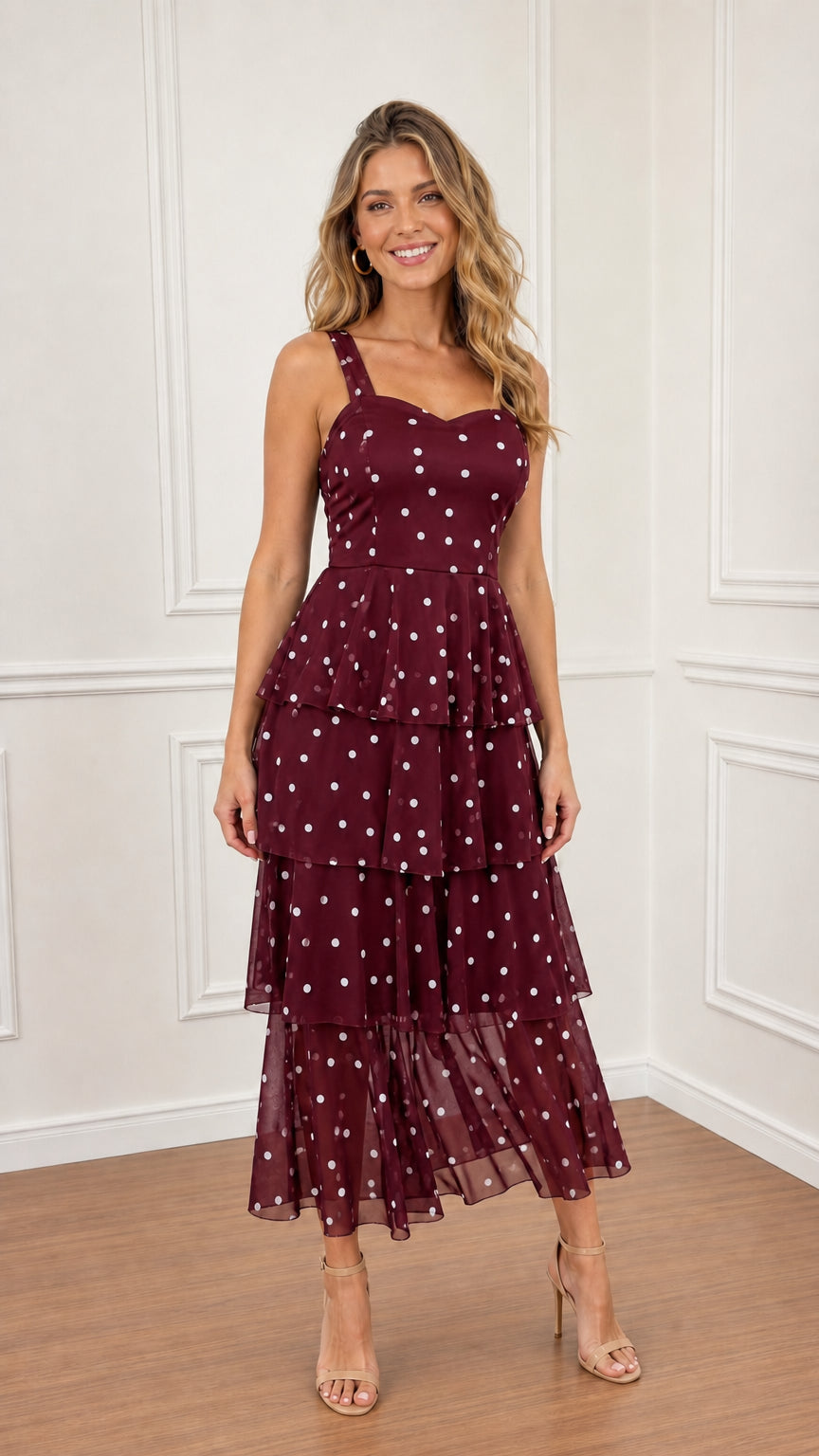 Model wearing Burgundy polka dot tiered midi dress
