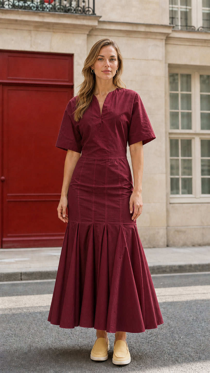 Front view of woman wearing burgundy v-neck short sleeve pleated trumpet midi dress