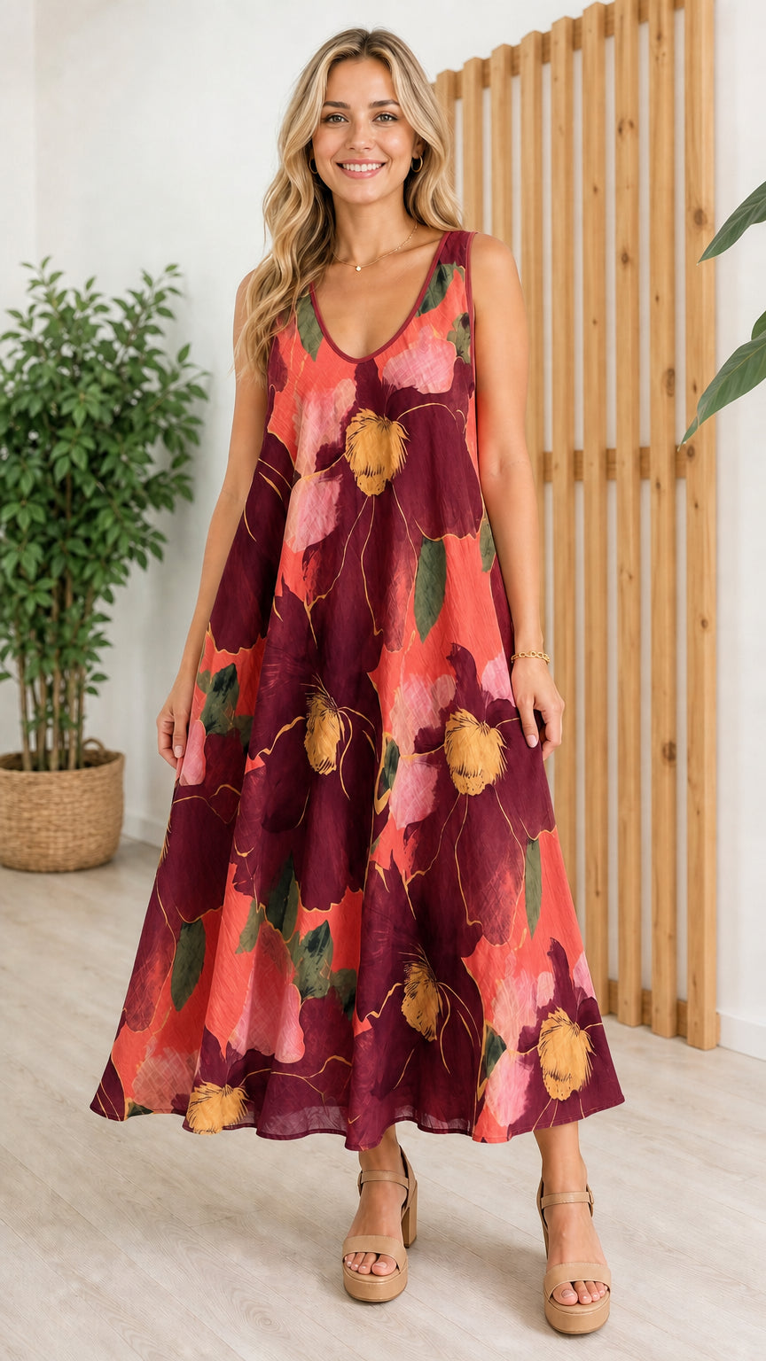 Woman wearing burgundy variant of the floral maxi dress