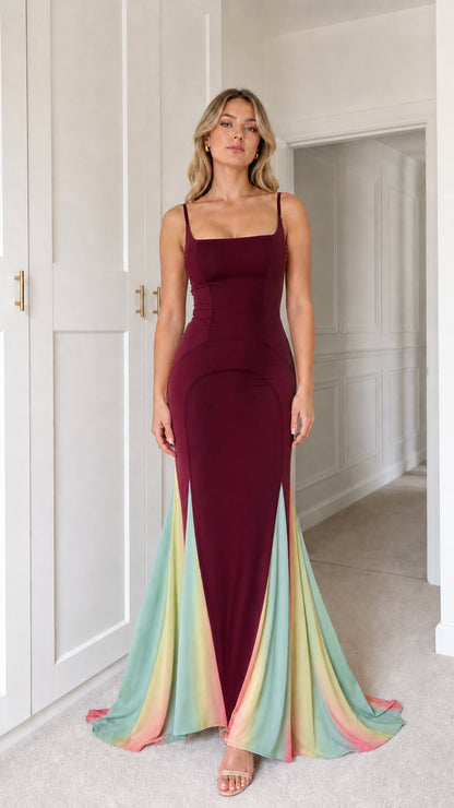 Front view of burgundy mermaid maxi dress