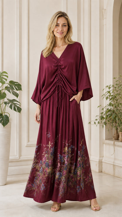 Front view of burgundy color variant maxi dress