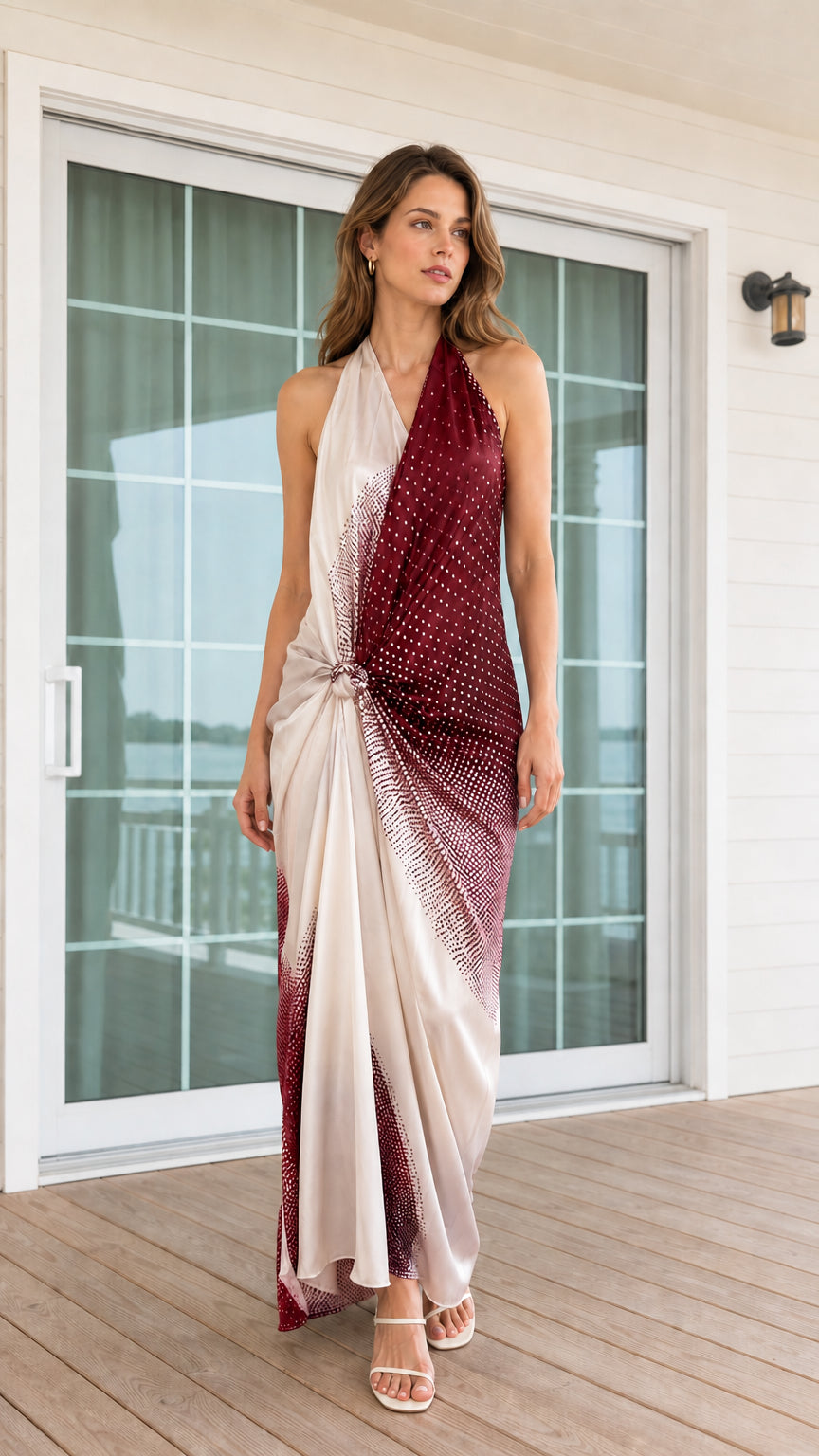 Model wearing Burgundy halter neck maxi dress