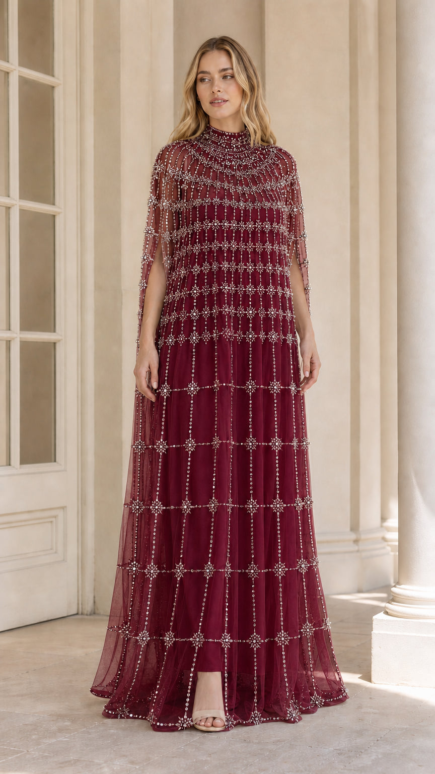 Burgundy wine beaded high neck cape evening gown