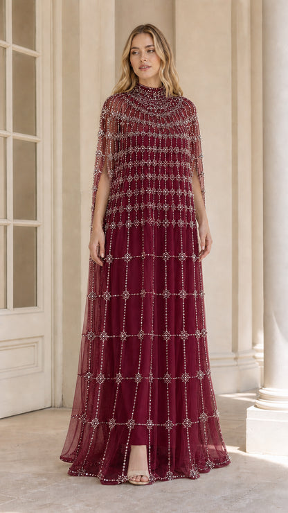 Burgundy wine beaded high neck cape evening gown