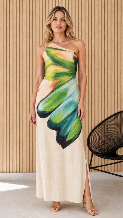 Front view of one-shoulder maxi dress in off-white