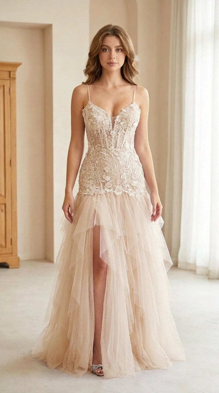 Front view of model wearing champagne beige lace corset tulle maxi dress