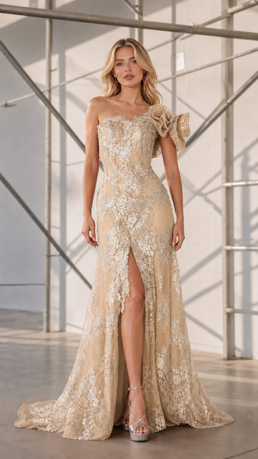Front view of champagne one-shoulder formal dress