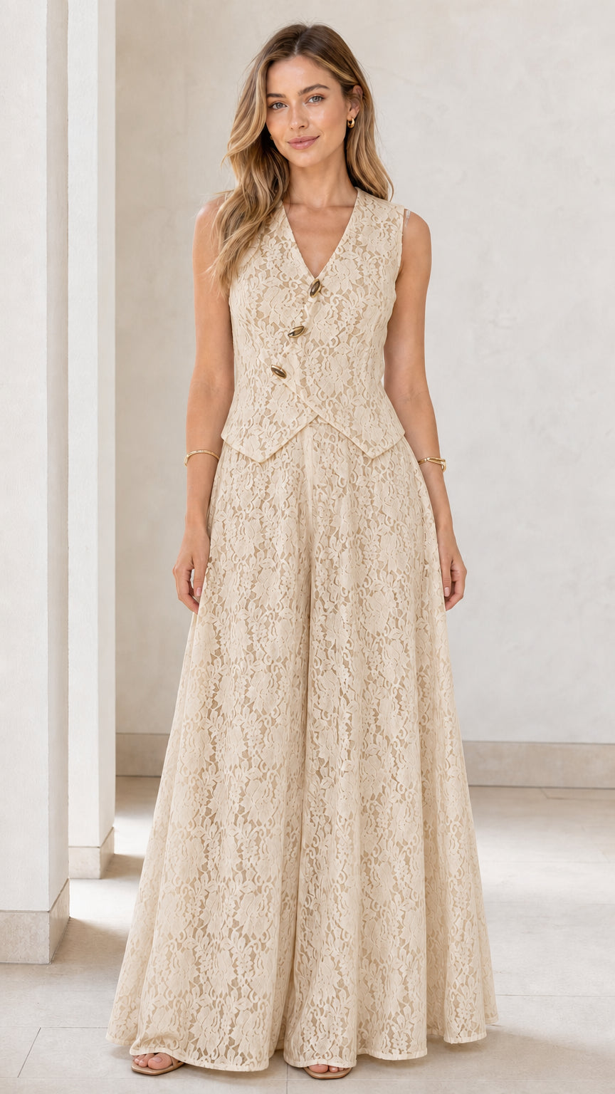 Model wearing beige lace vest and wide leg jumpsuit