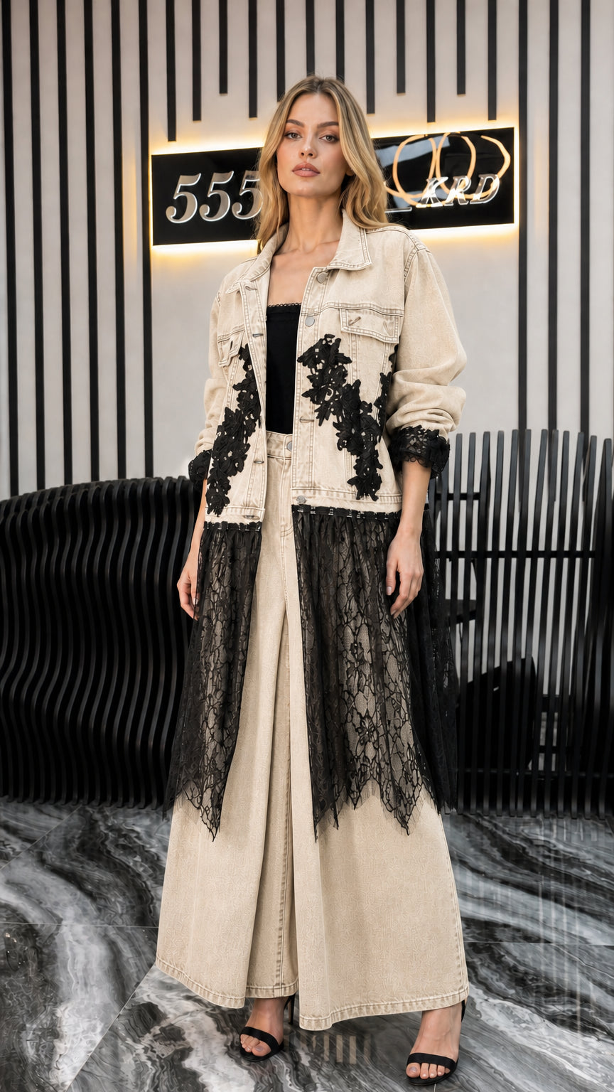 Front view of model wearing beige denim long jacket and matching pants with lace trim