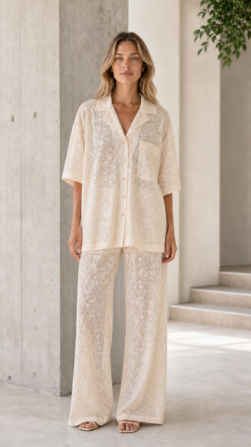 Front view of woman wearing cream lace shirt and pants set
