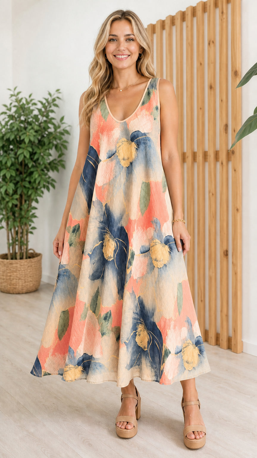 Woman wearing beige variant of the floral maxi dress