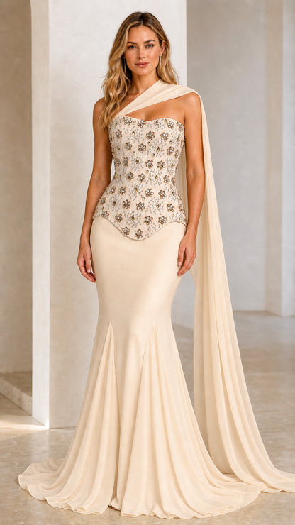 Front view of champagne beaded one-shoulder evening dress