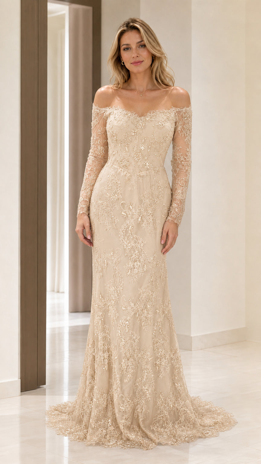 Front view of champagne evening gown