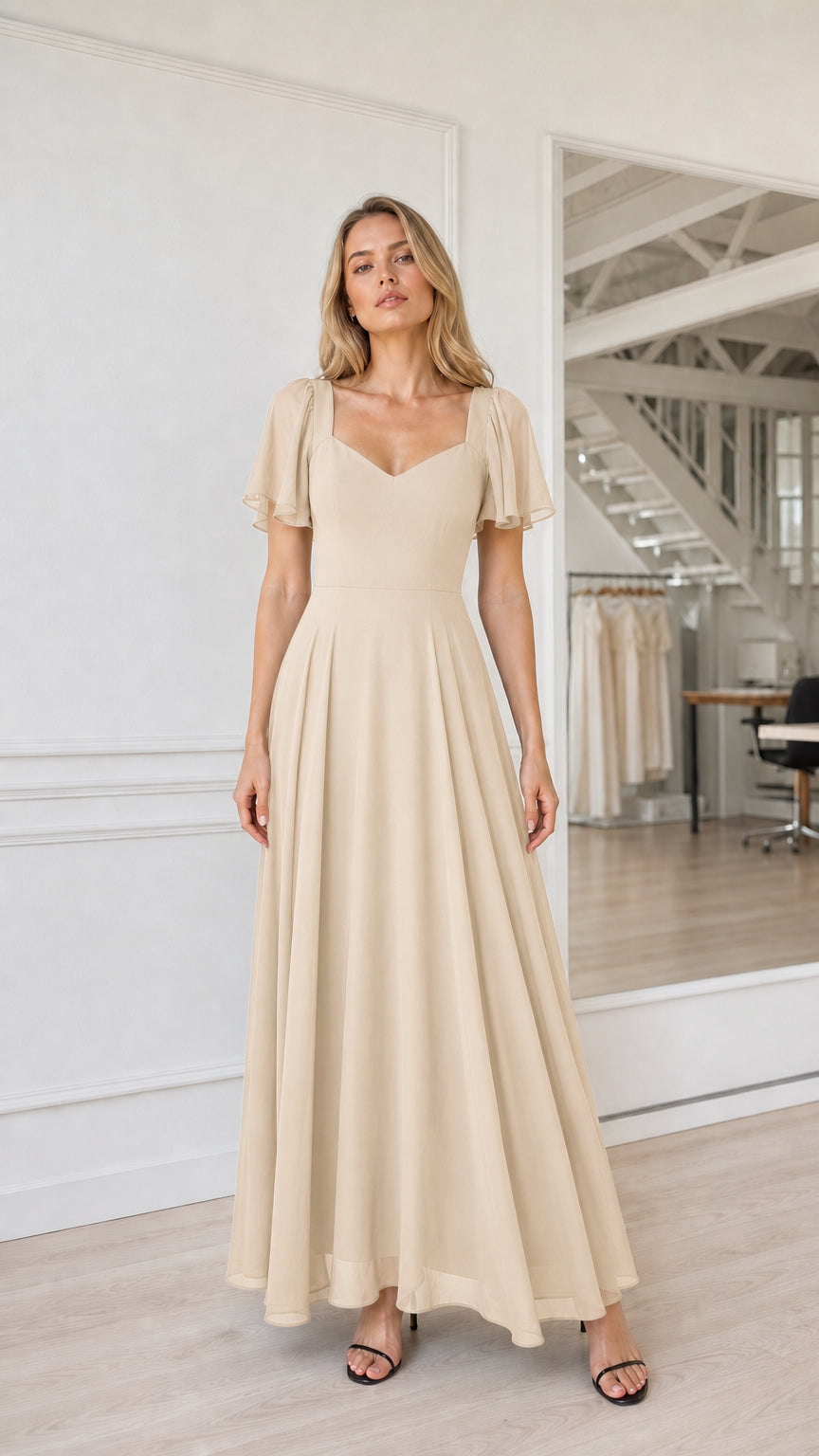 Full length view of champagne formal maxi dress