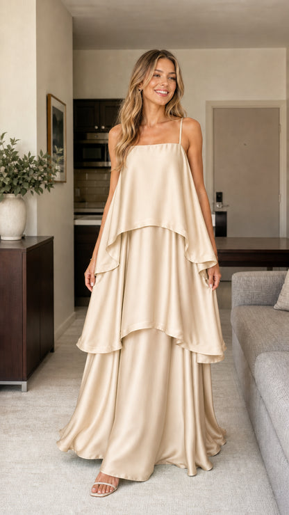 Model wearing champagne tiered maxi dress