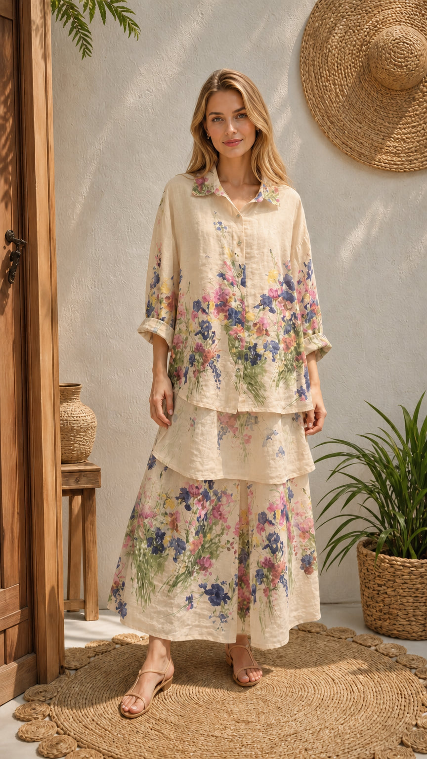 Women's beige cream floral two-piece tunic shirt and maxi skirt set