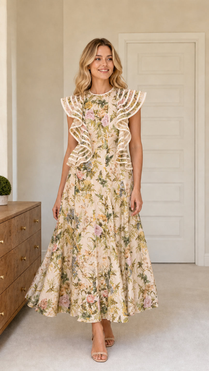 Model wearing champagne floral ruffle maxi dress