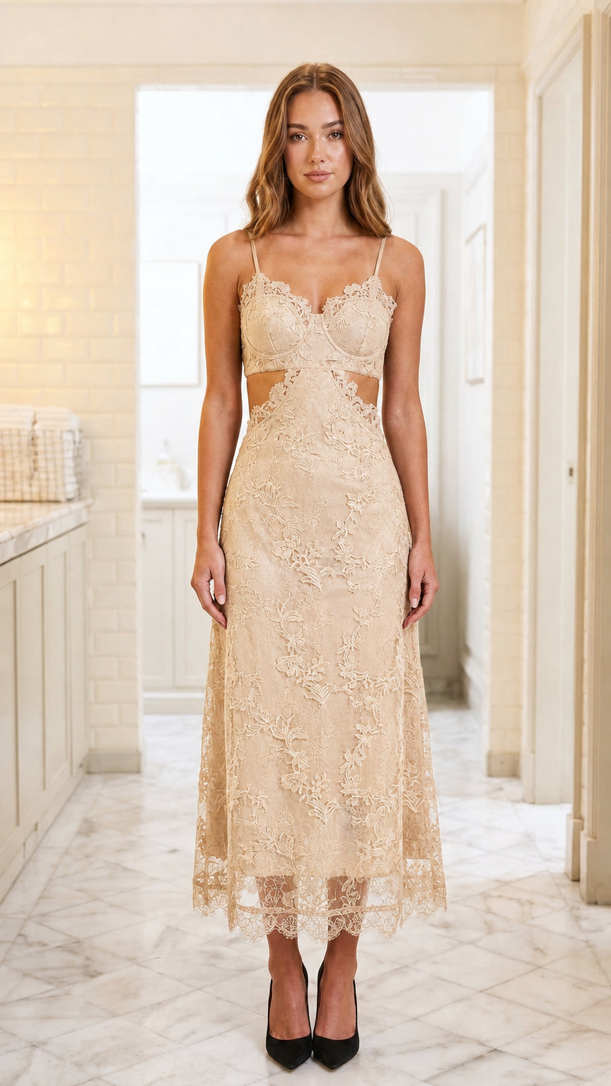 Front view of woman wearing champagne cutout lace midi dress