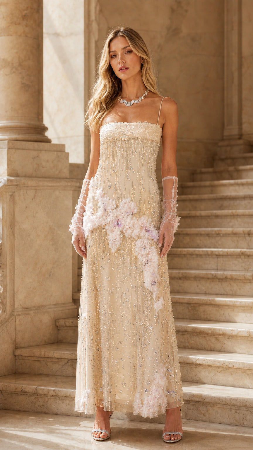 Front view of champagne color variant with matching gloves
