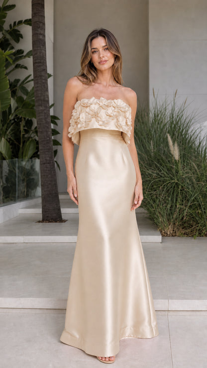 Front view of champagne gold strapless satin maxi dress