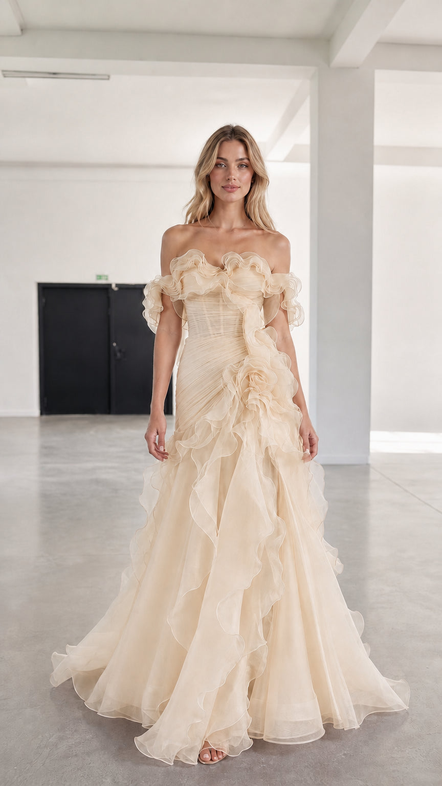 Front view of champagne beige off-shoulder ruffled tulle evening gown