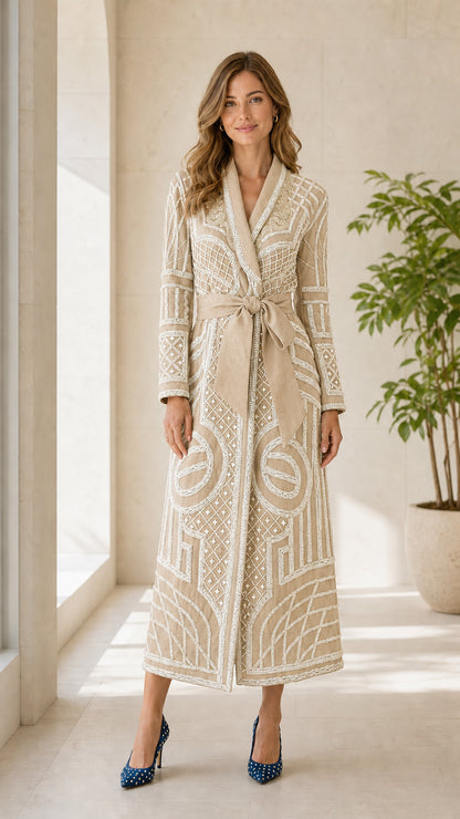 Front view of beige geometric embroidered long coat