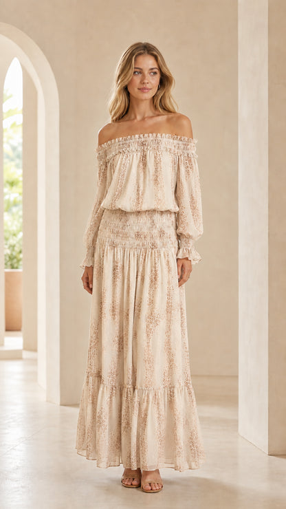 Full-length view of woman wearing Beige printed off-the-shoulder smocked maxi dress