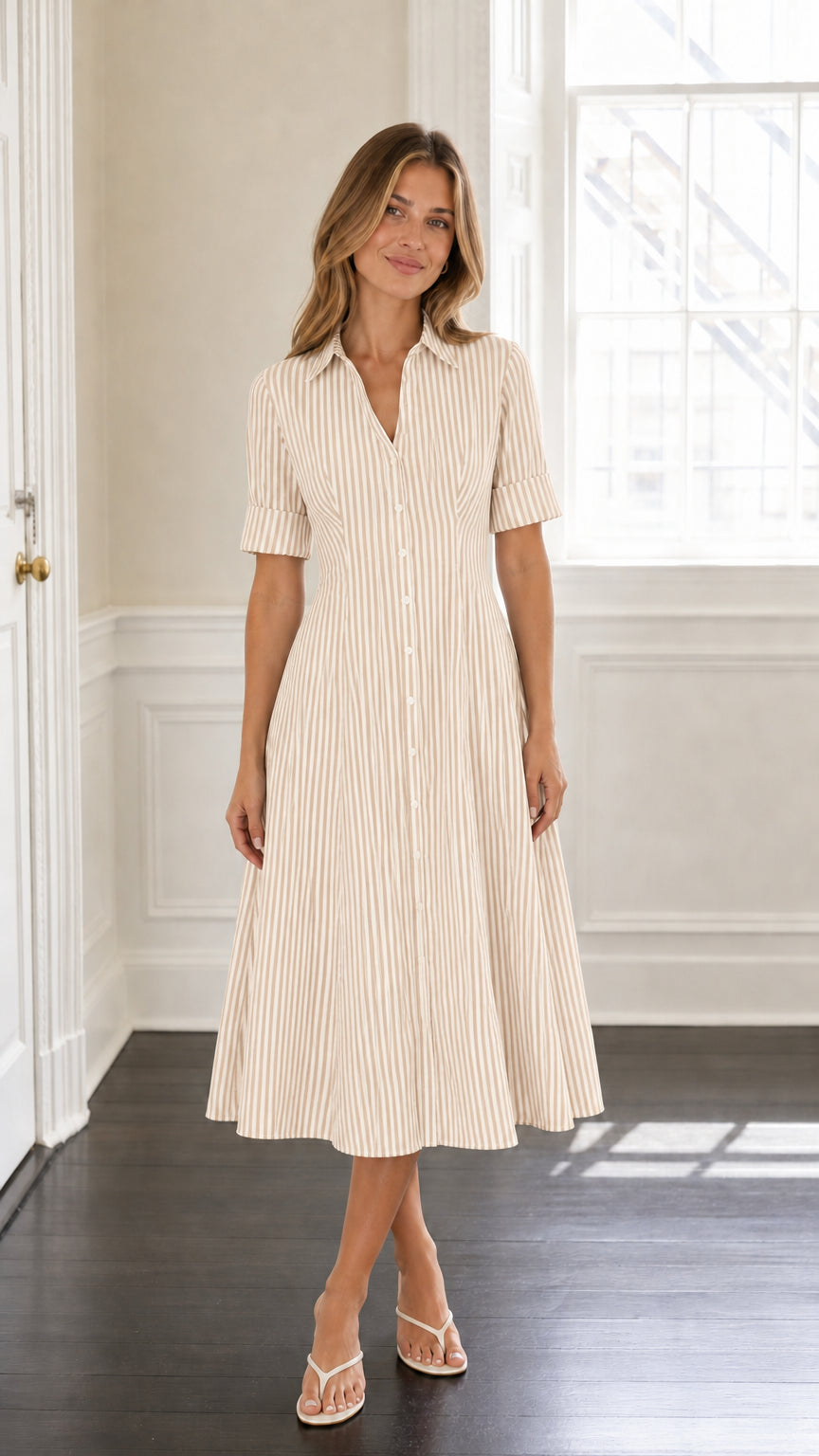 Model wearing beige striped midi shirt dress