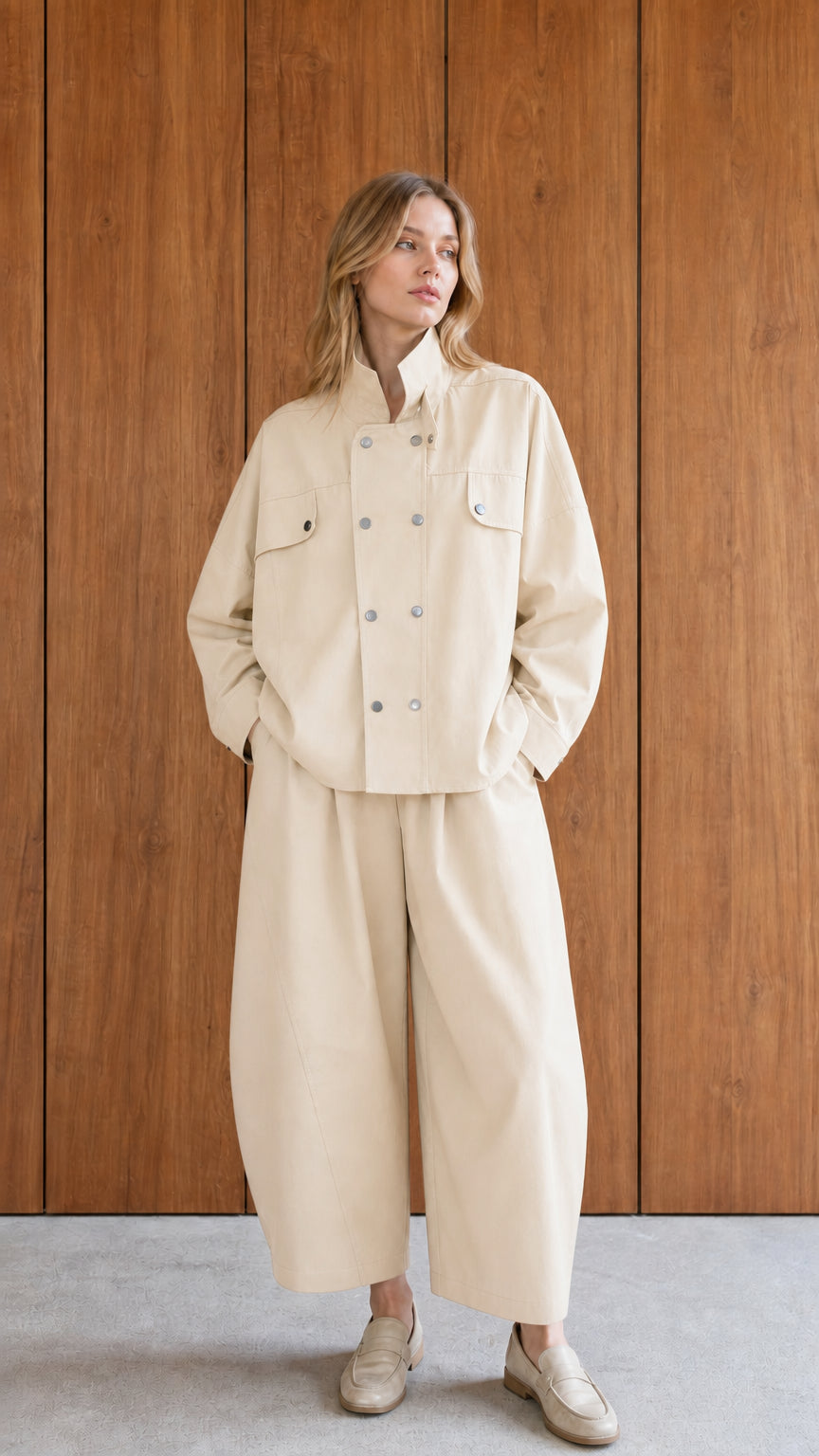 Woman wearing beige utility jacket and wide-leg pants set