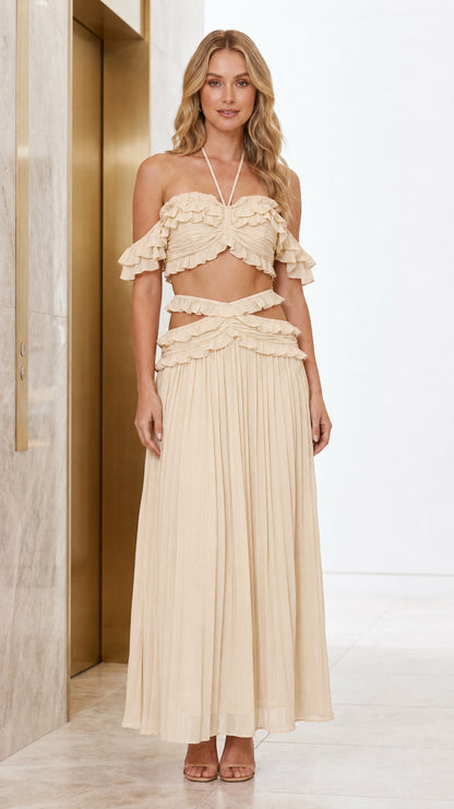 Front view of model wearing beige color variant