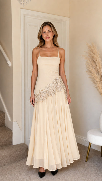 Front full view of Champagne long dress