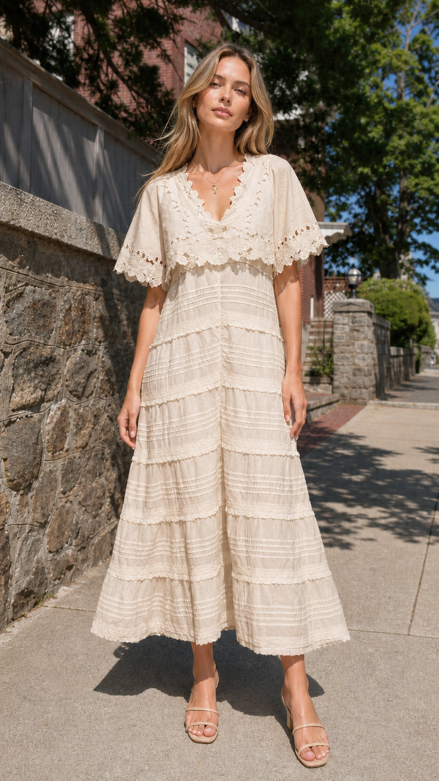 Full view of woman wearing beige eyelet lace cape sleeve maxi dress