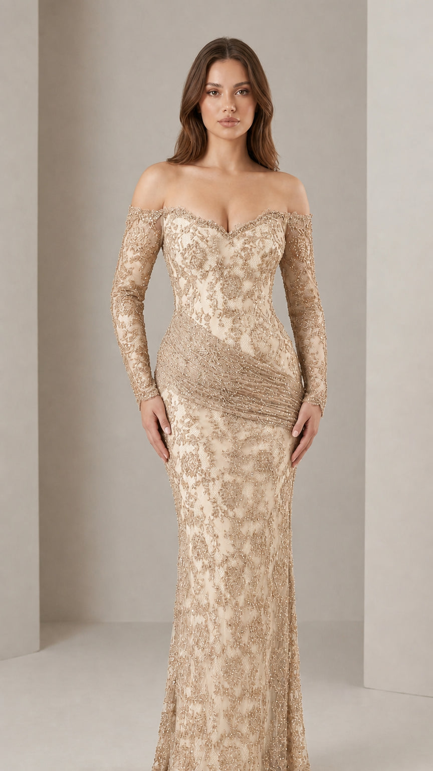 Off-Shoulder Long Sleeve Lace Evening Gown in Champagne