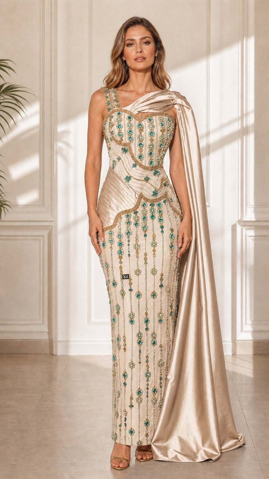 Front view of champagne color variant with matching satin cape