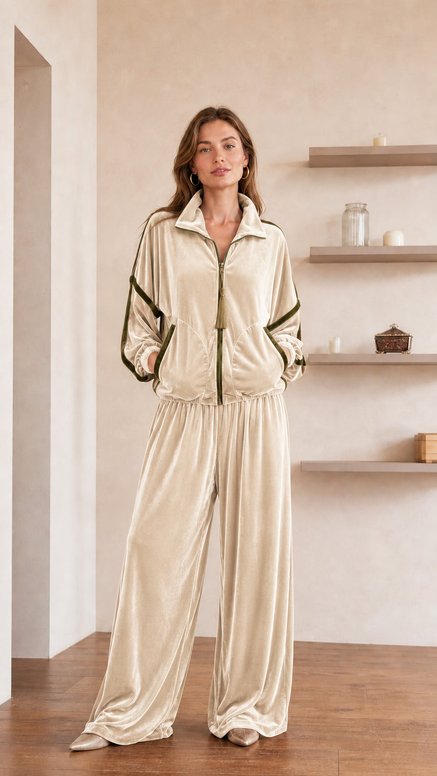 Model wearing cream velvet tracksuit set