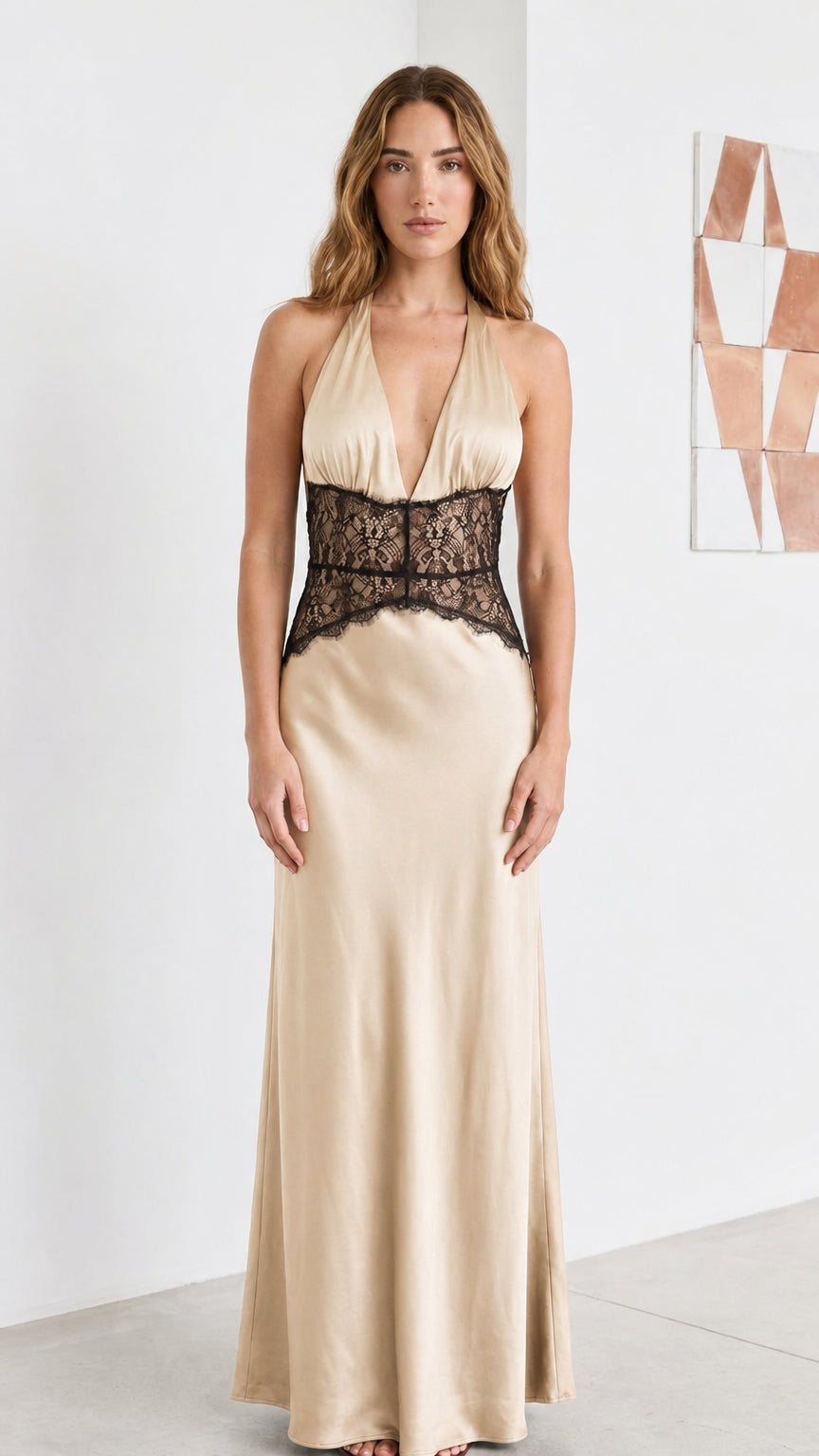 Front view of champagne satin halter maxi dress