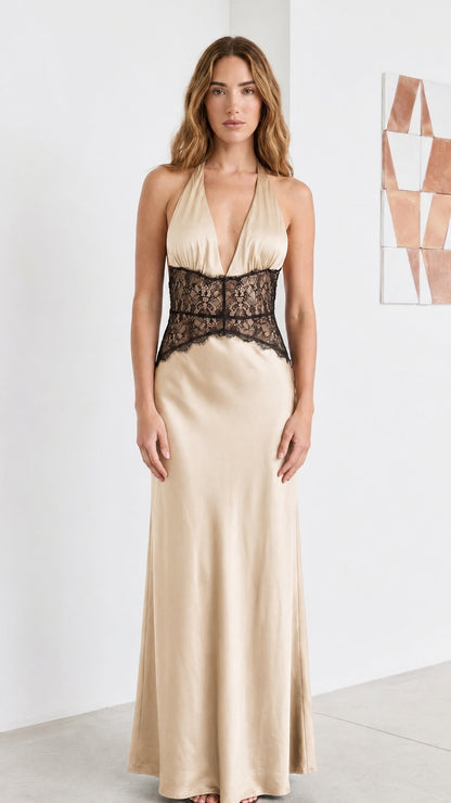 Front view of champagne satin halter maxi dress