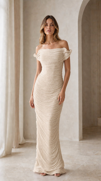 Model wearing champagne neutral tone maxi dress