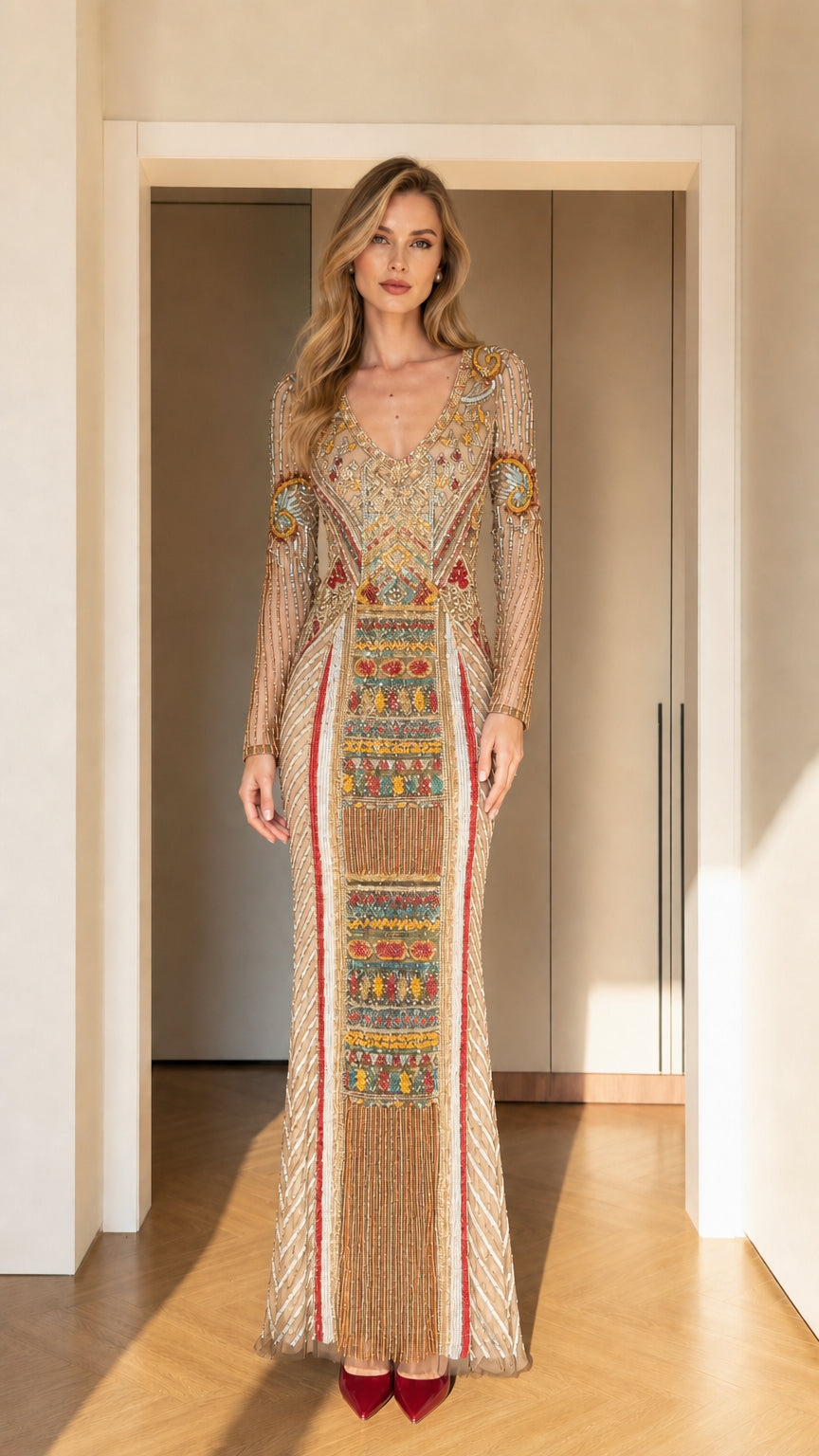 Champagne gold embellished long-sleeve formal maxi gown