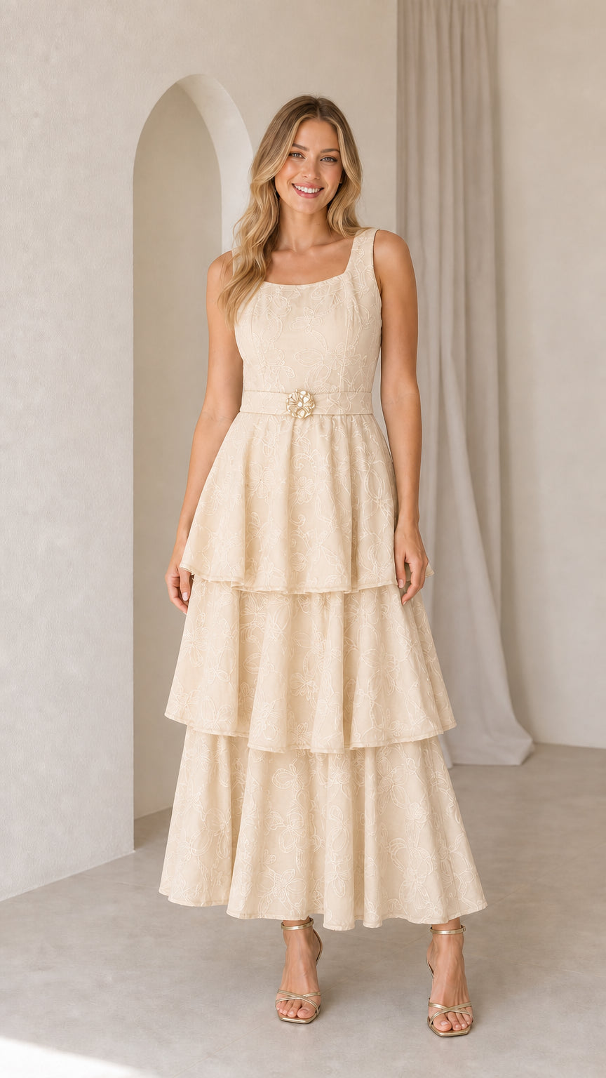 Champagne cream sleeveless floral embroidered tiered maxi dress
