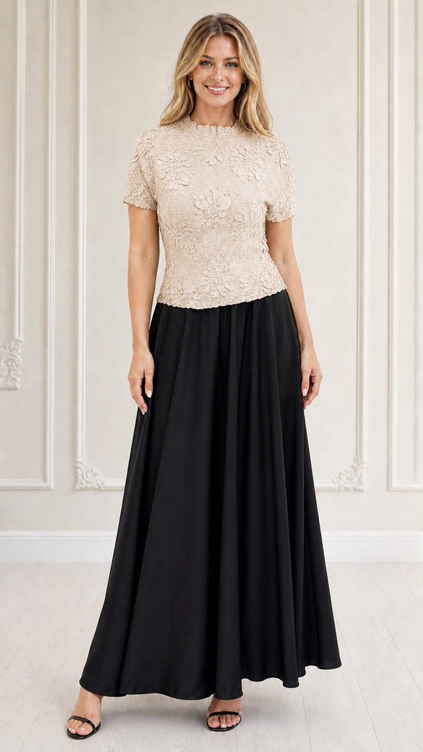 Model wearing champagne textured floral bodice maxi dress