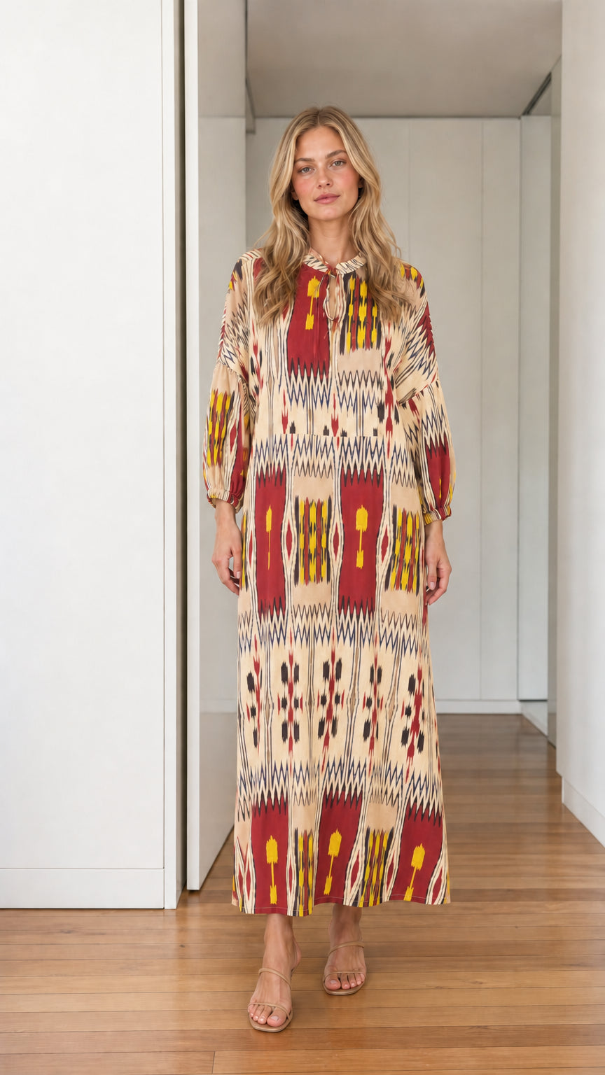 Front view of beige printed maxi dress variant