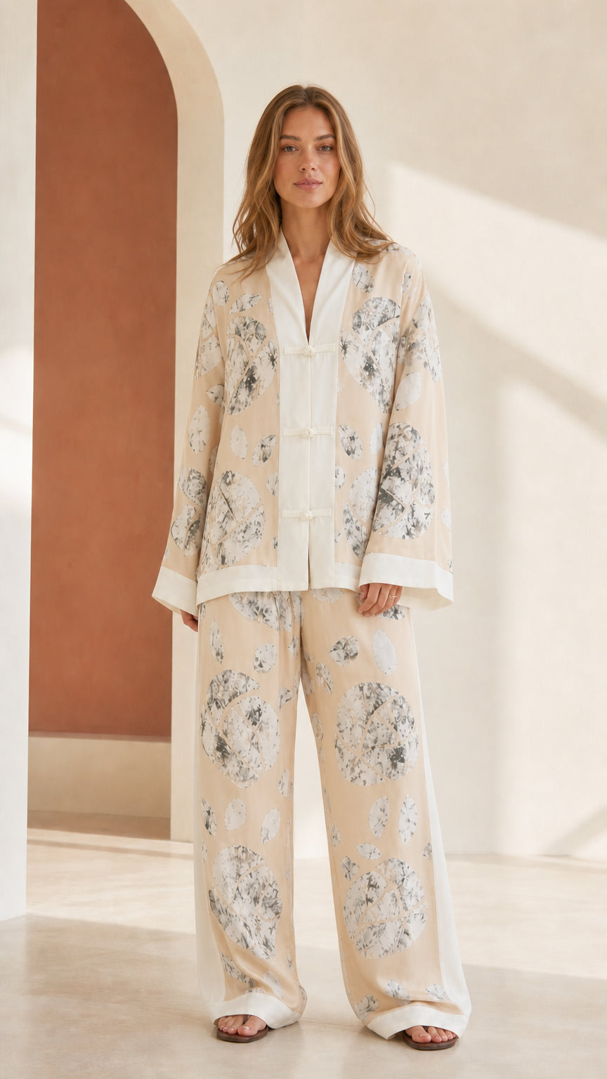 Woman wearing Beige printed lounge set