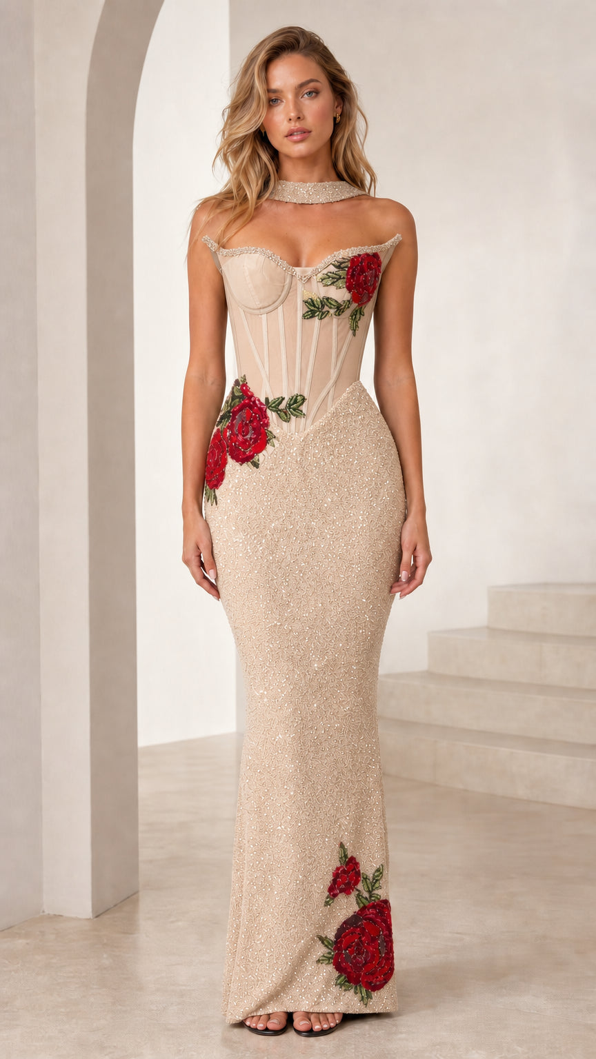 Champagne color variant of rose embroidered gown