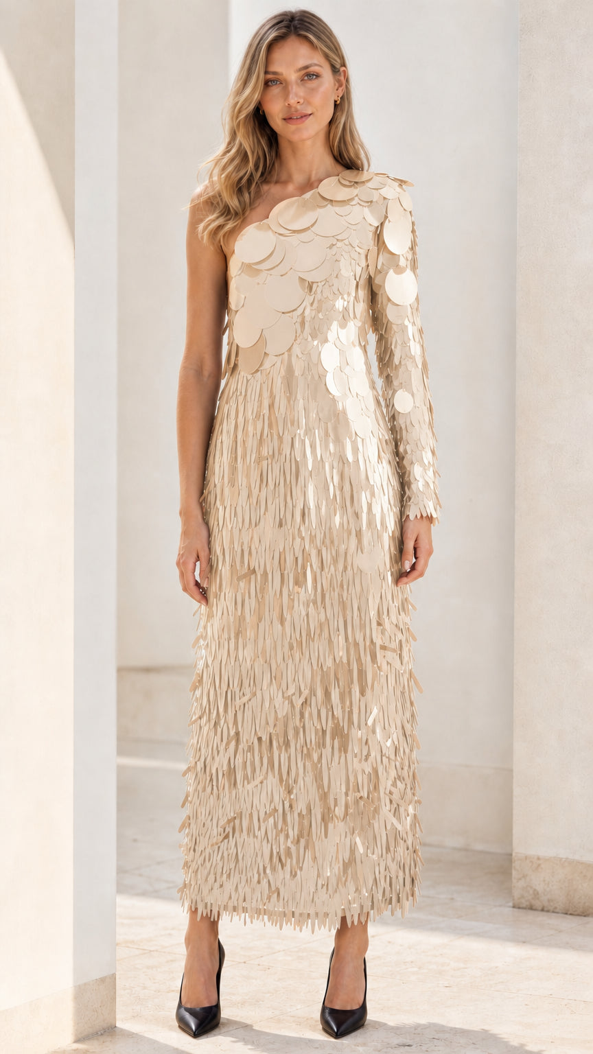 Front view of champagne one-shoulder sequin fringe maxi dress