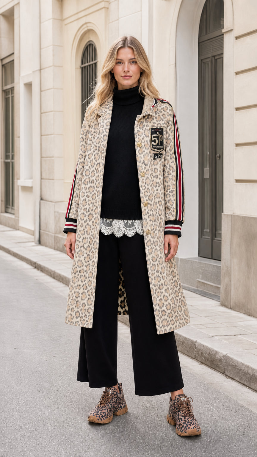 Model wearing Beige leopard print longline varsity coat