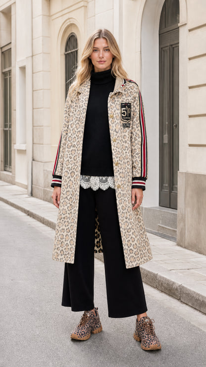Model wearing Beige leopard print longline varsity coat