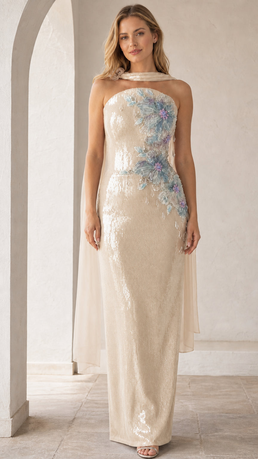 Champagne version of the floral applique sequin evening gown